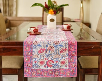 NEC Pigeon Blue and Flamingo Pink Indian Hand Block Floral Printed Cotton Cloth Table Runner for Wedding Event Home Decor Party Garden, Gift