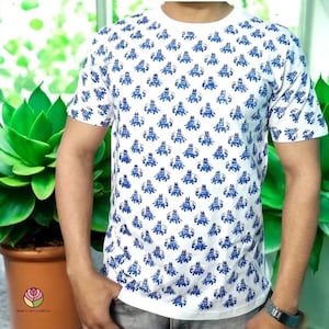Elephant Blue/Gray Unisex Hand Block Printed Round Neck Short Sleeves T-Shirt, Indian birthday, thanksgiving event party,Gift for mom Easter