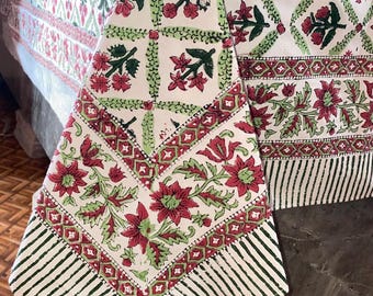 Tovaglia in cotone con stampa a blocchi a mano rossa, lino da tavola indiano con motivi floreali boho