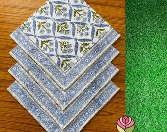 Hand Block Printed Cotton Napkins: Light Blue Floral Indian Decor, (20x20)