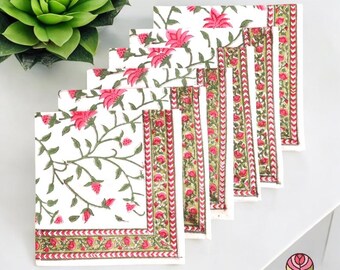 Handtryckta bomullsservetter: Röda körsbärsrosa blommor, set om 4