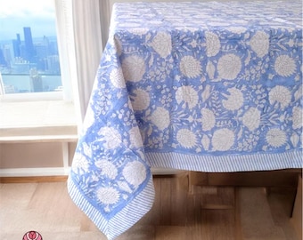 Turquoise Green Floral Indian Block Print Cotton Tablecloth, Boho Farmhouse Dining Linen