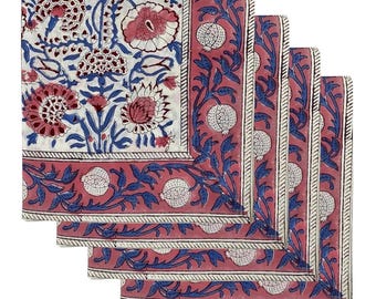 NEC Hand Block Printed Cotton Napkins: Steel Blue Floral, Set of Multiple Sizes