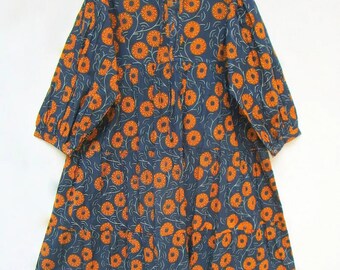 NEC Floral Block Print Cotton Mini Dress - Henley Neck 3/4 Sleeve