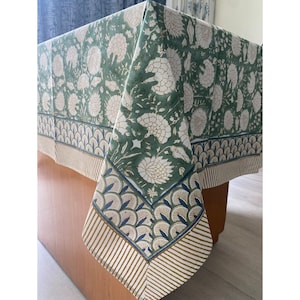 The New Era Creation Turquoise Green, Old Moss Green and White Indian Floral Hand Block Printed Cotton Cloth Tablecloth, Table Cover,Wedding