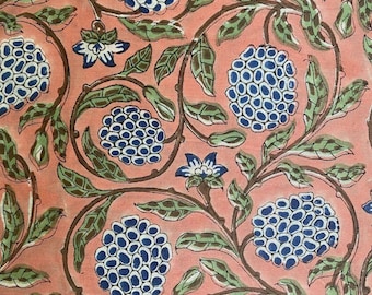 New Era Creation Salmon Pink, Sage Green,Delft Blue Indian Floral Hand Block Printed 100% Cotton Cloth,Fabric by the Yard, Curtains Cushions