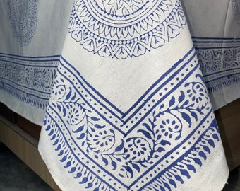Blue Floral Hand Block Printed Cotton Tablecloth, Indian Boho Dining Linen