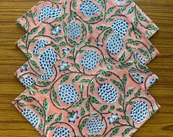 Floral Block Print Cotton Napkins: Salmon, Blue, Green Indian Napkins