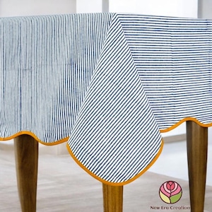 NEC Table Cover, Linen Set,Wedding Decor, Blue Stripes Indian Hand Block Printed Tablecloth with Mustard Piping Border Design Halloween Gift