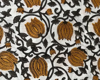 New Era Creation Mustard & Gray Indian Floral Hand Block Printed 100%Cotton Cloth, Fabric by the Yard, Curtain,Pillow,Cushion,Craft for Home