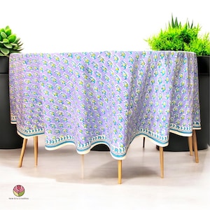 NEC Steel Blue Floral Block Printed Cotton Tablecloth:Farmhouse Wedding Table Linen Round linen,Round boho,Rustic