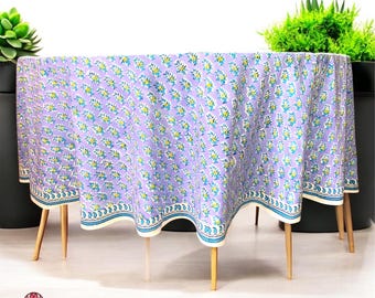 Tovaglia rotonda in lino con stampa floreale blu acciaio in cotone