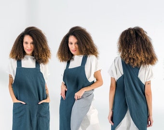 Tablier croisé en lin NEC : coton réversible, sans attache, poches