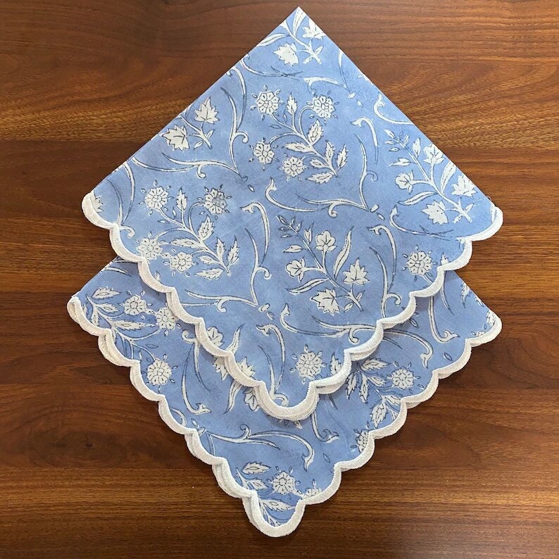 NEC Hand Block Printed Cotton Napkins: Cornflower Blue Floral, Scalloped Edge Linen,Cloth,Wedding,Reusable,Custom Napkin