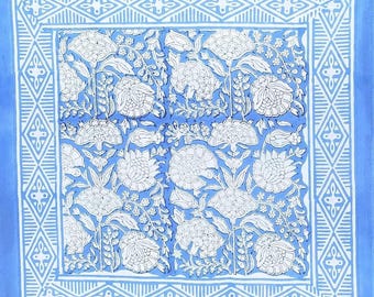 Sky Blue Floral Block Print Cotton Napkins, Indian Reusable Cloth Napkins, Set of 4