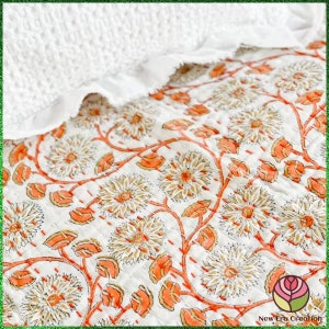 New Era Creation Indian Block Printed Kantha Blanket Cotton Kantha Bedspread Indian Indigo print summer Handmade Kantha orange quilt Throw
