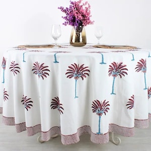 Red Palm Tree Round Tablecloth, Indian Floral Hand Block Printed Cotton Cloth Table cover, Party Wedding Events Picnic Home Decor and Gifts