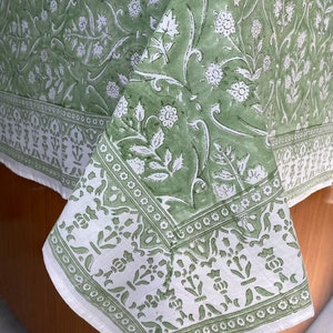 NEC Table Cover And Linen Set,Wedding Decor,Sage Green and White Floral Indian Hand Block Printed Tablecloth with Border Design Gift for Mom