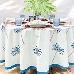 NEC Sky-Blue Indian Floral Block Print Cotton Tablecloth Round Party Table Cover Round linen,boho,Rustic