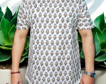 Hand Block Printed Cotton T-Shirt: Mustard & Pink Floral, Made in India