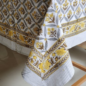 Yellow Block Print Table Cloth, Indian Cotton Table Cover, Hand Stamp Table Linen, Dinning Tablecloth, Rectangle Tablecloth, Gift For Home