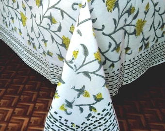 Yellow Floral Hand Block Print Cotton Tablecloth Set, Indian Boho Table Linen
