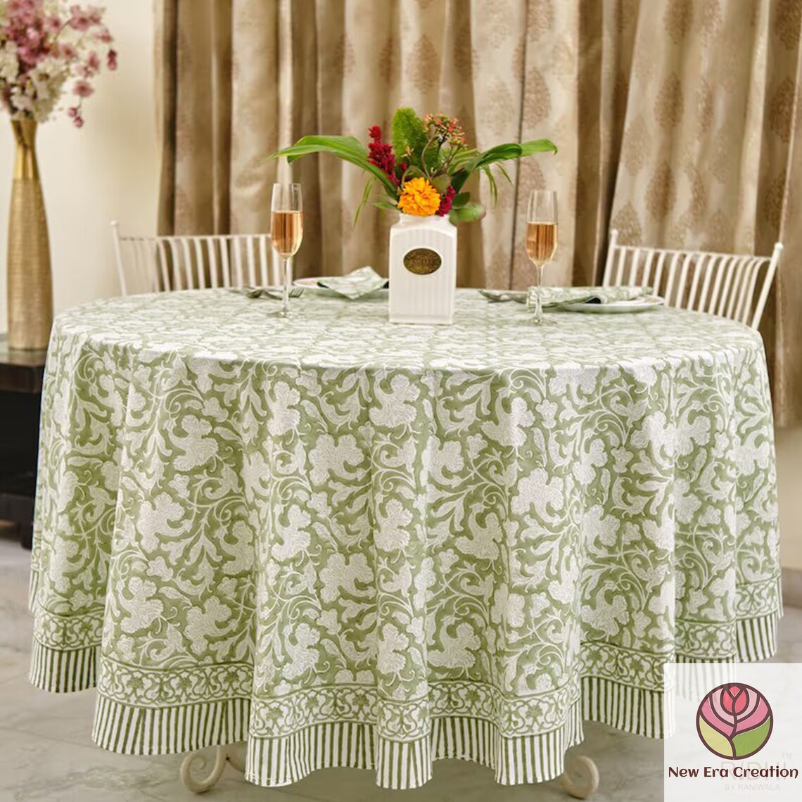 New Era Creation Green Round Tablecloth, Indian Floral Block Printed
