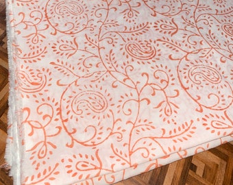 New Era Creation Orange and White, Indian Floral Hand Block Printed 100% Cotton Cloth, Fabric by the Yard, Curtains Cushions crafting a gift
