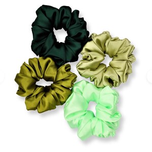 Può includere: Cinque elastici per capelli in raso in tonalità di verde, tra cui verde smeraldo scuro, oliva e menta chiaro. Gli elastici sono disposti su uno sfondo bianco, mostrando la loro morbida texture di tessuto arricciato. Questi accessori per capelli sono ideali per aggiungere un tocco di colore.