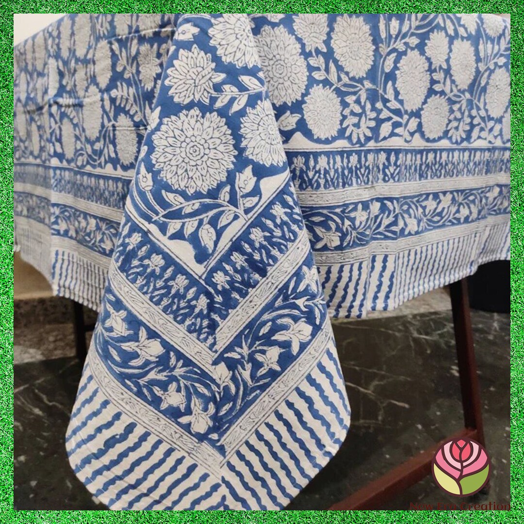 Blue Floral Hand Block Printed Cotton Tablecloth: Indian Farmhouse ...