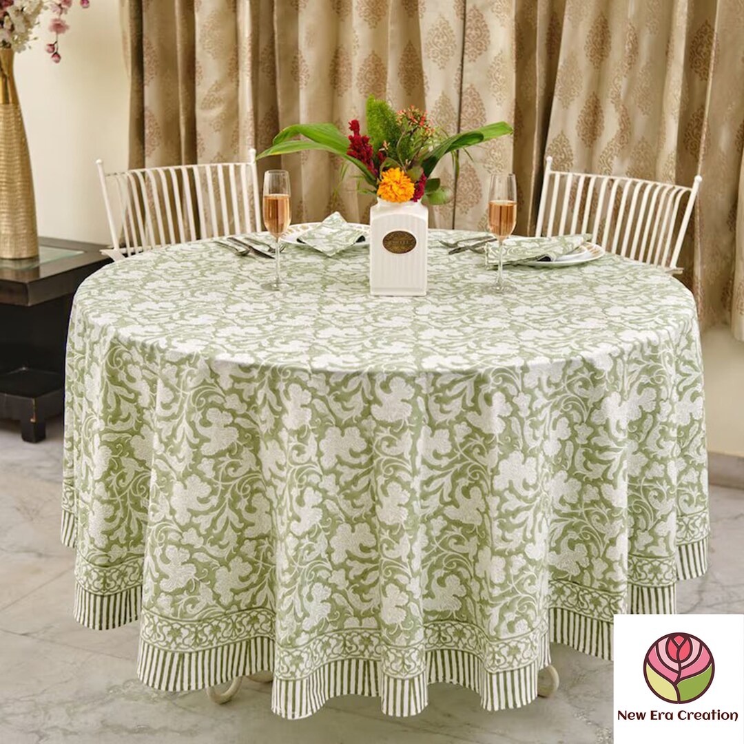 New Era Creation Green Round Tablecloth, Indian Floral Block Printed