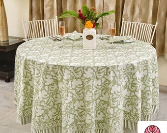 Floral Block Print Round Tablecloth: Sage Green Cotton Table Cover