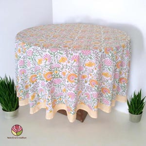 NEC Hand Block Printed Floral Round Tablecloth:Indian Cotton Table Cover Round linen tablecloth,boho,Rustic farmhouse