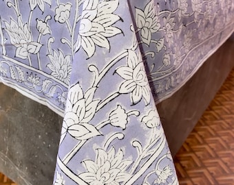 Gray Hand Block Print Floral Cotton Tablecloth, Indian Boho Dining Table Linen, Table Cover
