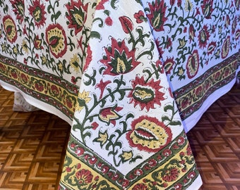 Tovaglia in cotone stampata a mano con motivo a blocchi color rosso prugna, lino indiano con stampa floreale boho