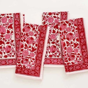 NEC Hand Block Printed Cotton Napkins: Red Cherry Pink Floral,Set of 4 Linen,Cloth,Wedding,Reusable,Custom Napkin
