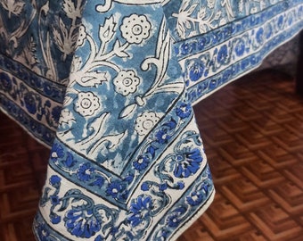 Hand Block Printed Floral Tablecloth: Dark Blue Indian Cotton