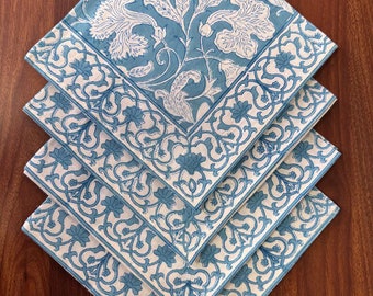 Blue Floral Block Print Cotton Napkins: Turkish Indian Style (20x20)