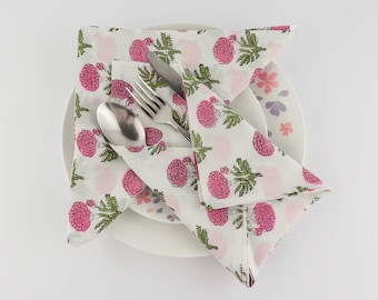 Hand Block Printed Cotton Napkins: Thulian Pink Marigold Floral