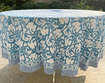 Tovaglia rotonda floreale blu: cotone e lino stampato a mano