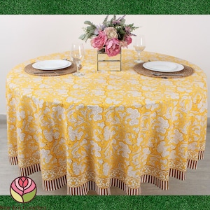 New Era Creation Saffron Yellow Round Tablecloth, Indian Floral Block Printed Cotton Table Cover, Wedding Party Home Decor Events, Birthday