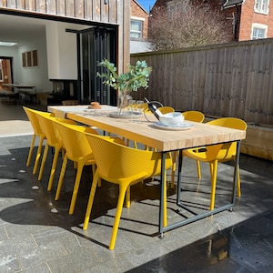 Outdoor dining table, contemporary, solid wood, steel frame, block timber