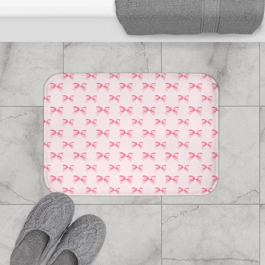Coquette Aesthetic BATH MAT Pastel Pink Bows Ultra-feminine Style Bathroom Decor Shower Bathmat ...