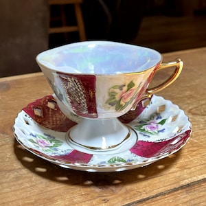 Beautiful Deep Red Gold Iridescent Porcelain Teacup and Saucer Set