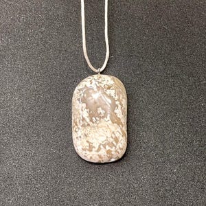 Handmade Natural Long Stone Necklace - Gray and White Chert Pendant