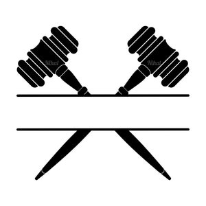 May include: Black and white graphic of two crossed gavels above a horizontal line, with a pen below. The word "Nihal" is printed on each gavel.