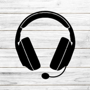 May include: Black and white silhouette of a headset with a microphone on a white wood background.