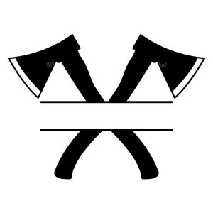 May include: Black and white silhouette of two crossed axes with a blank space in the middle for text.