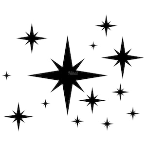 Puede incluir: Una imagen en blanco y negro de varias estrellas con una estrella grande en el centro. Las estrellas son de diferentes tamaños y tienen una forma puntiaguda.