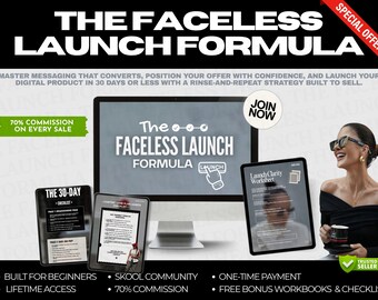 May include: Image promoting "The Faceless Launch Formula." The image features a computer screen and two tablets displaying the formula's name and related content. A woman is holding a mug. Text includes "70% commission" and "Built for beginners."